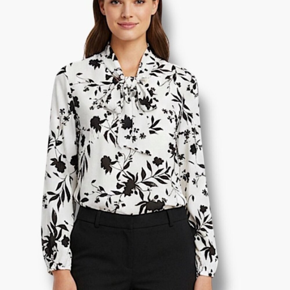 AUW Tie Front Blouse Long Sleeve Bold Floral Black White Women's Top Size XL - Picture 2 of 16